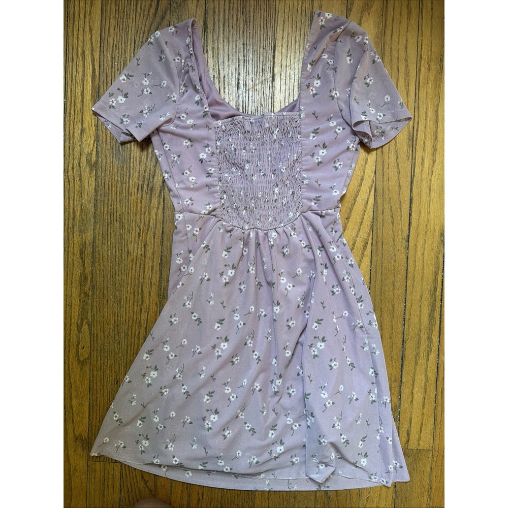 Hollister Floral Summer Mini Dress XS Lavender Tie Front Ruched Semi Sheer Boho - Picture 4 of 13
